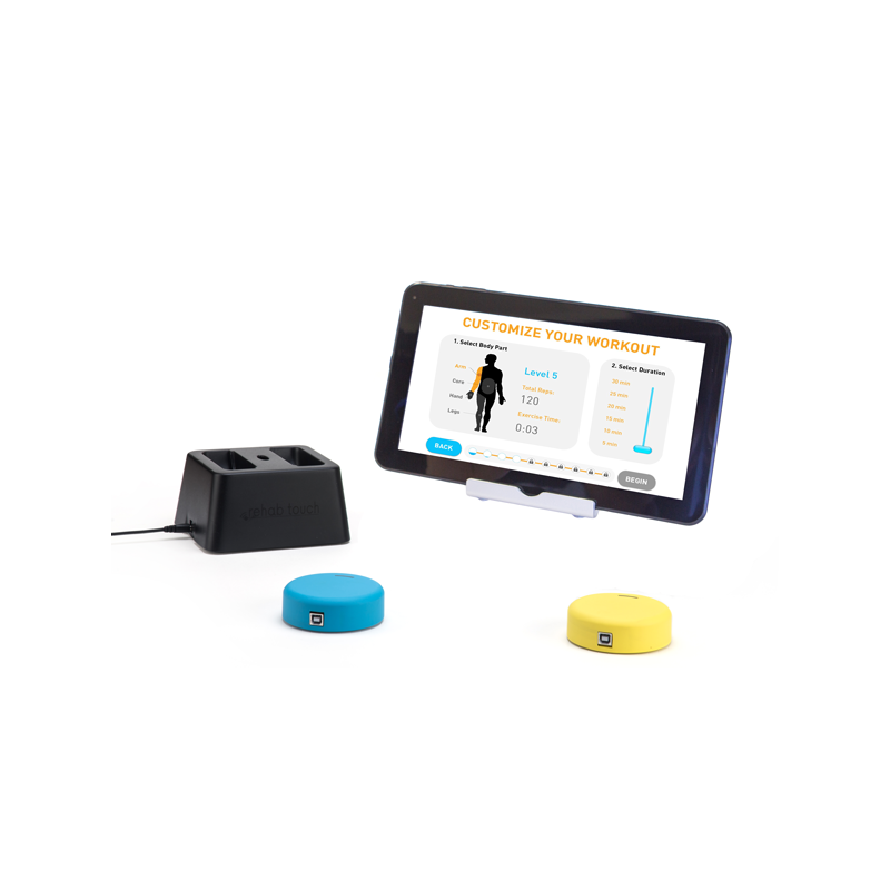 FitMi - Rehabilitation nach einem Schlaganfall. Set: FitMi Therapiescheiben, Ladegerät und Tablet.