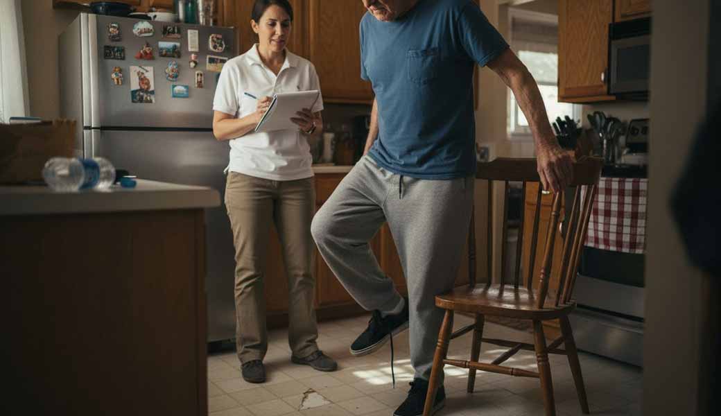 Pacjent po udarze ćwiczący równowagę z pomocą opiekuna