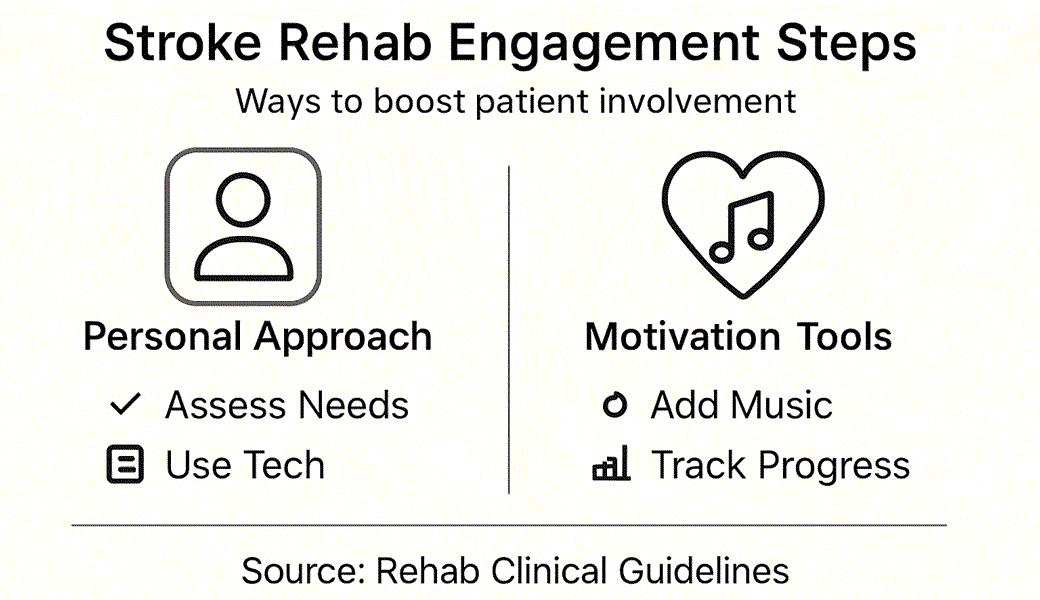 Infografika: cztery kroki angażowania pacjentów w rehabilitację po udarze