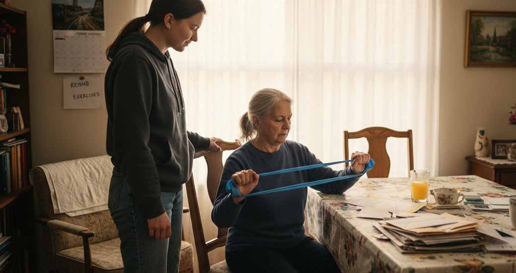 Patient nach Schlaganfall bei häuslichen Rehabilitationsübungen