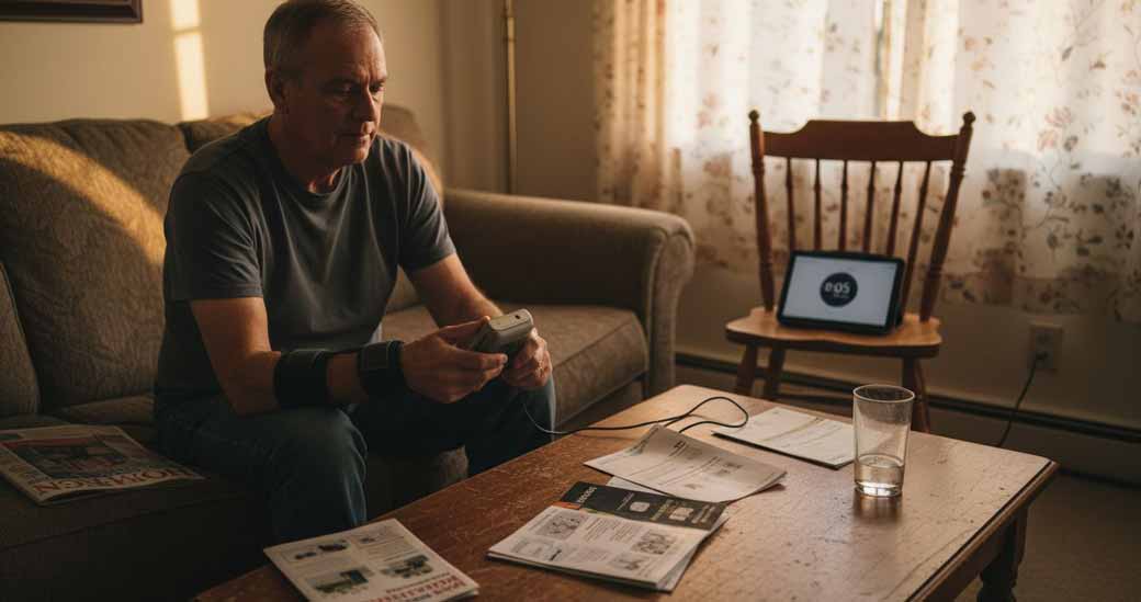 Starszy mężczyzna korzysta z domowego urządzenia do rehabilitacji ręki