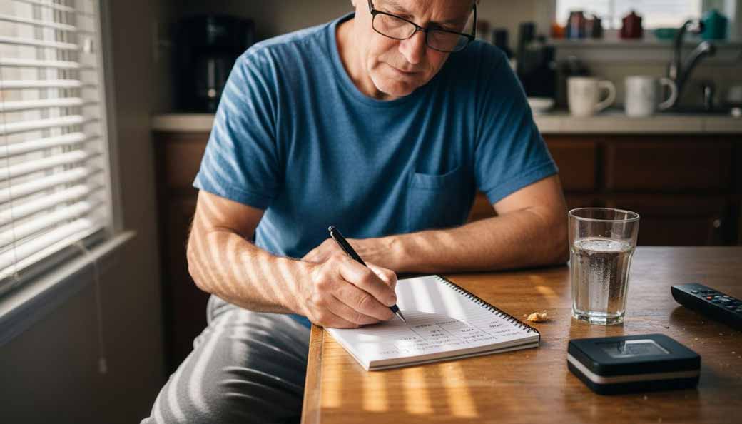 Pacjent notuje siłę chwytu przy stole kuchennym