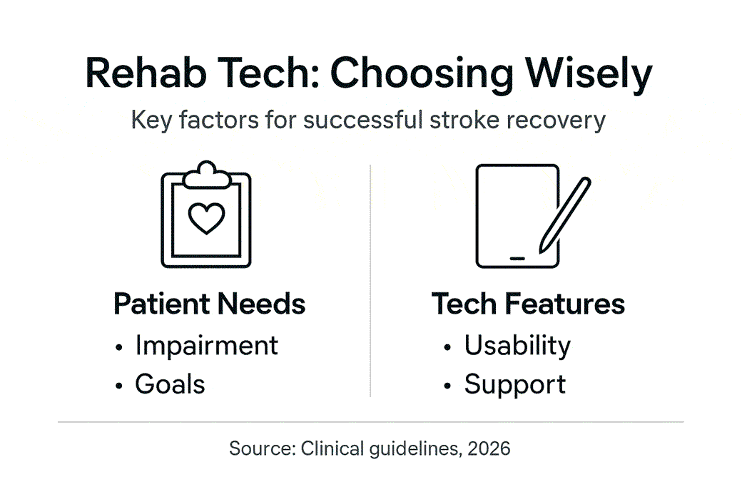 Infografika przedstawiająca kryteria wyboru technologii rehabilitacyjnej