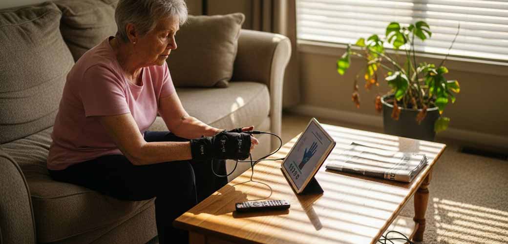 Starsza osoba używająca domowego urządzenia rehabilitacyjnego