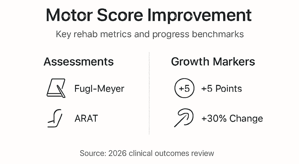 Infografika podsumowująca poprawę wyników motorycznych i skale kliniczne