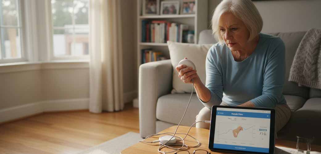 Senior woman uses sensor rehab tool at home