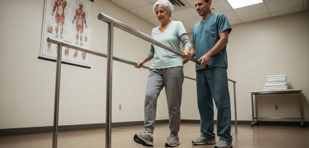 Pacjent rehabilitacyjny korzystający z poręczy równoległych do treningu chodu