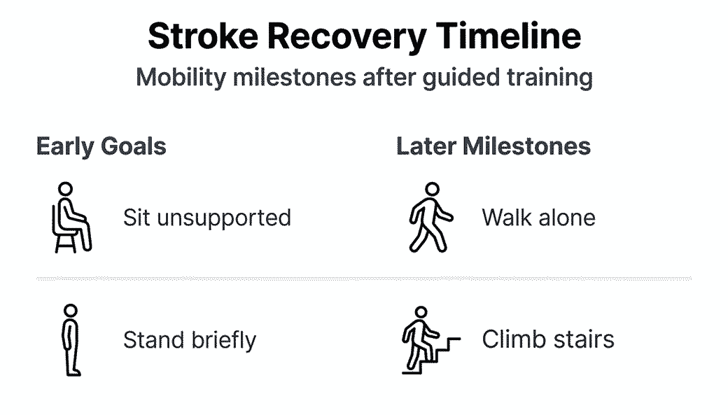 Infografika przedstawiająca kamienie milowe i ramy czasowe odzyskiwania mobilności po udarze