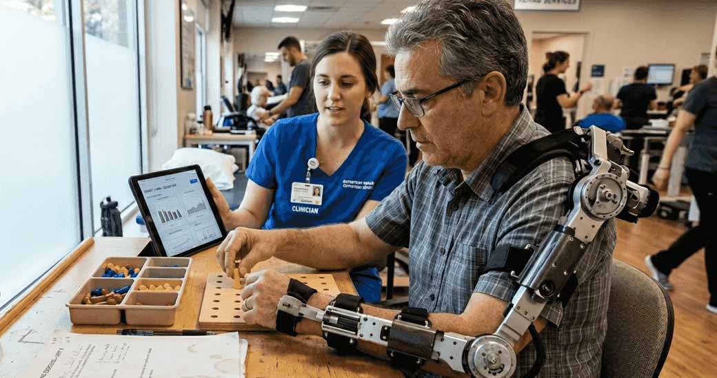 Pacjent korzystający z urządzenia do terapii ramienia z użyciem robotyki w klinice