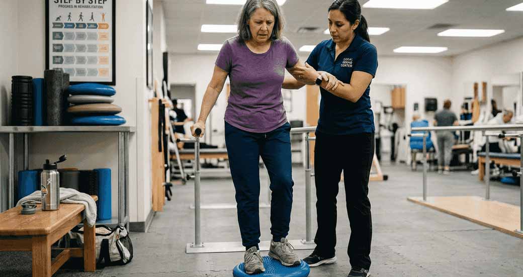 Femme pratiquant un exercice d’équilibre avec un thérapeute