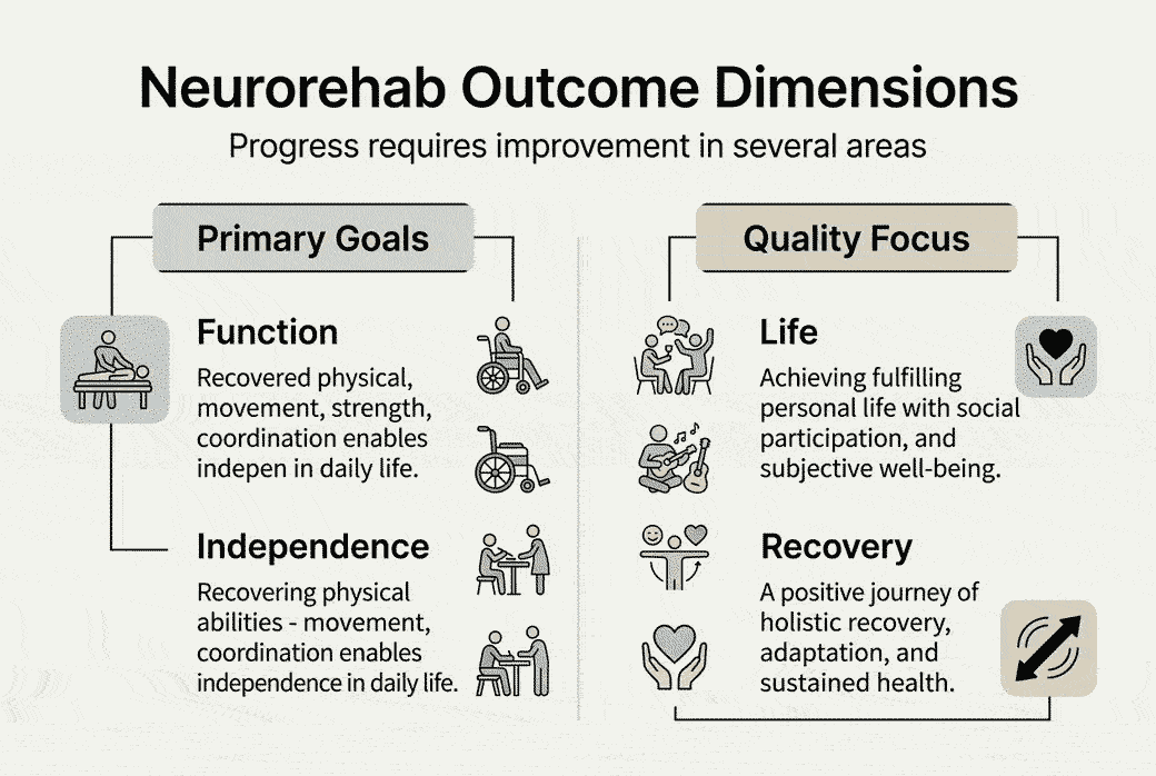 Infografik zu den Dimensionen neurorehabilitativer Ergebnisse