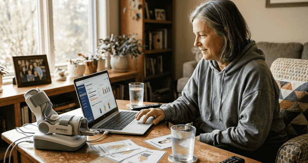 Frau nutzt Reha-Technologie und Laptop zu Hause
