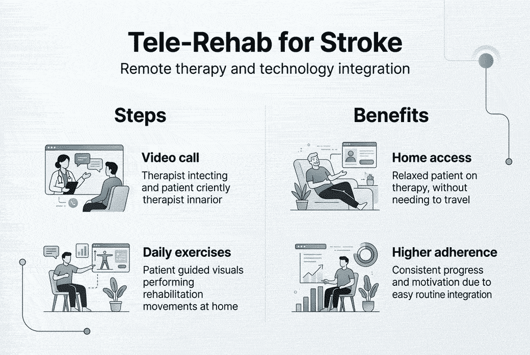 Infografik zu Tele-Reha-Schritten und Vorteilen