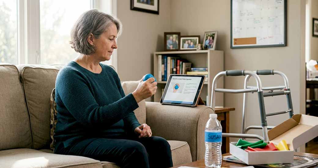 Woman doing home motor rehab therapy session