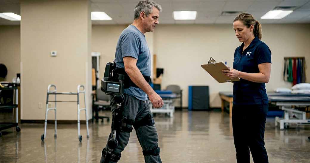 Patient utilisant un exosquelette robotisé dans une salle de rééducation