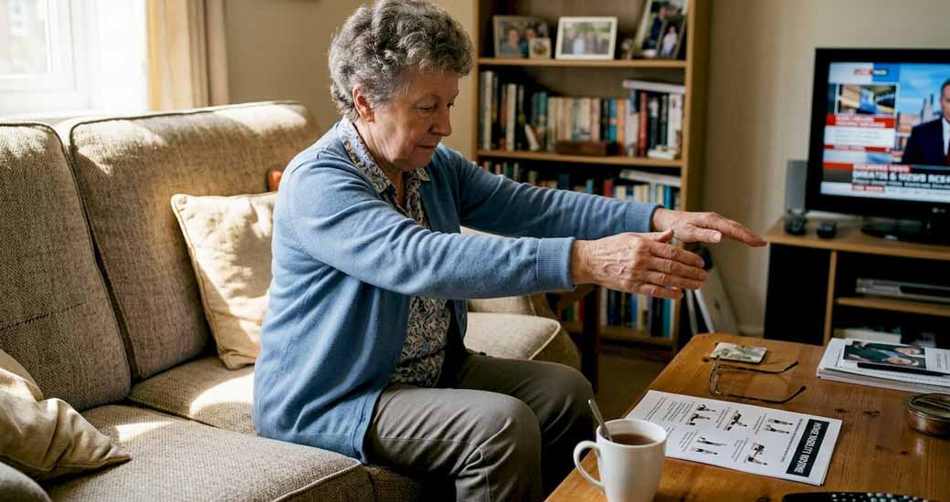 Woman practicing arm rehab at home