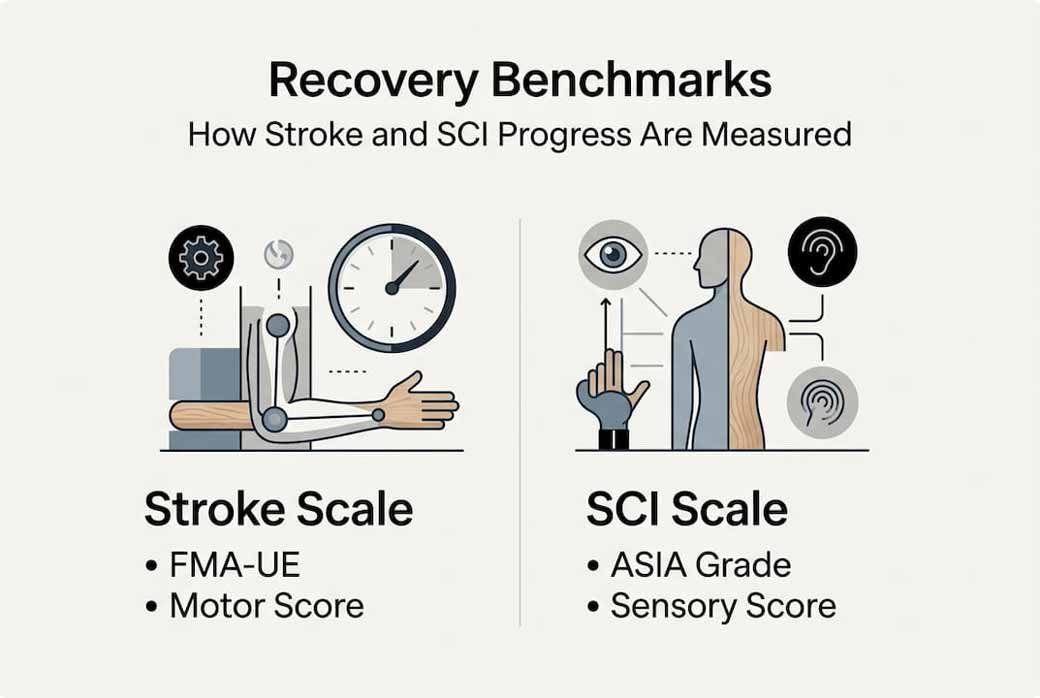 Infographic comparing stroke and SCI recovery scales