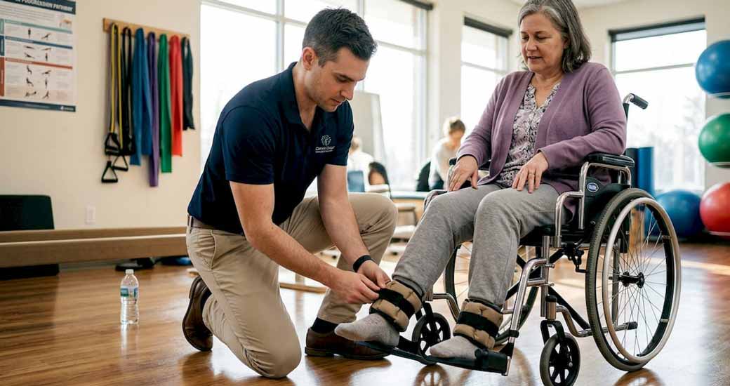 Terapeuta prowadzący pacjenta podczas sesji rehabilitacyjnej