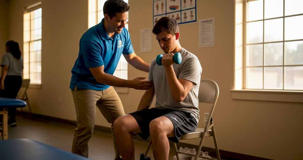 Thérapeute guidant une séance d’exercice du bras pour l’hémiparésie
