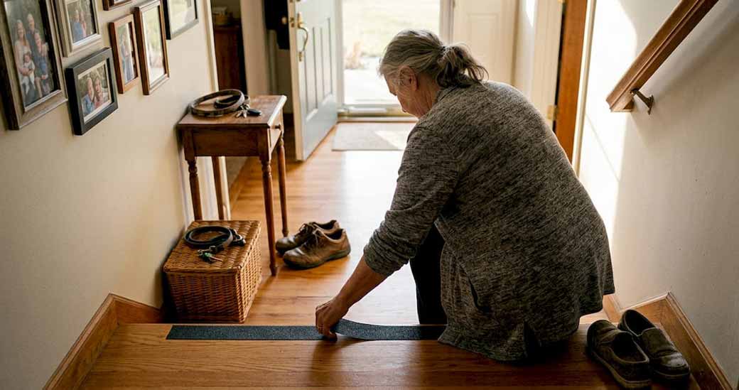 Femme appliquant du ruban antidérapant pour la sécurité à domicile