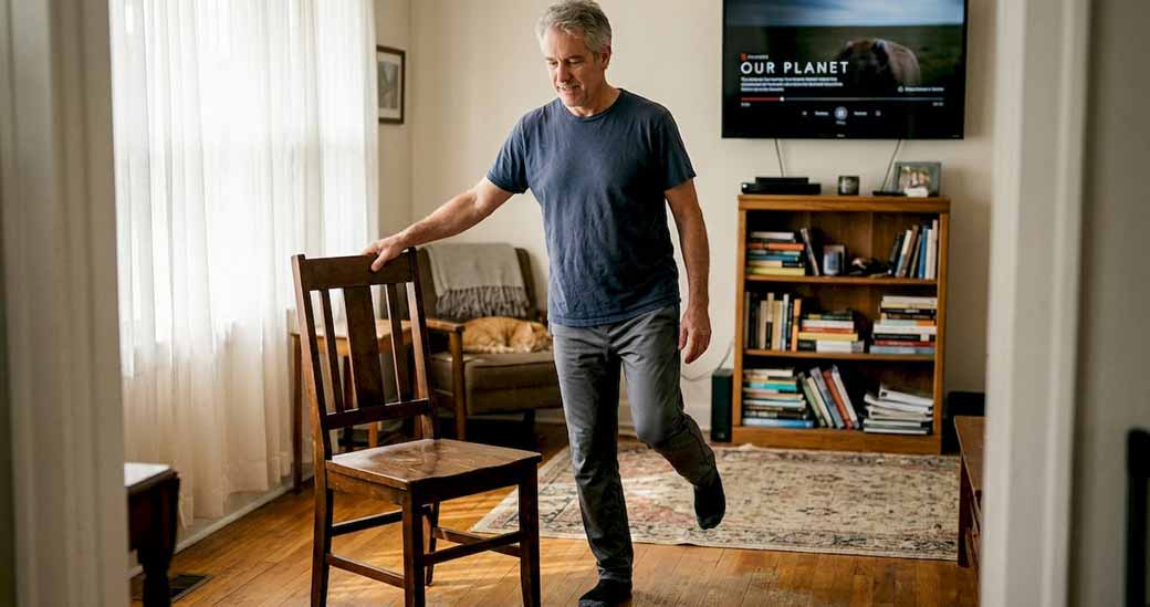 Man practicing balance exercise using chair